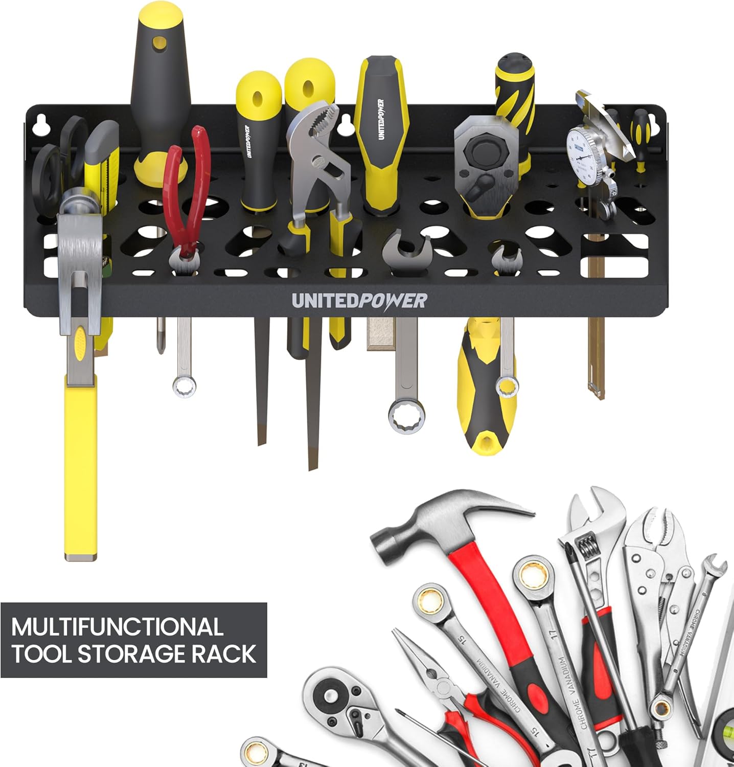 UNITEDPOWER Wall Mount Tool Storage Rack, Screwdriver Holder, Pliers Organizer, Wrench Utility Shelf, 51 Holes for Variety of Small Hand Tools, Workshop, Shed, Garage, Home