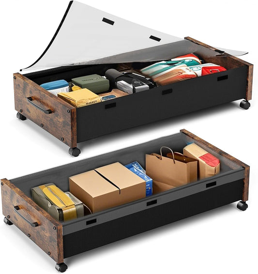 Under Bed Storage Containers with Wheels, Extra Large Wooden Underbed Shoes Organizer 2 Packs, Rolling Under the Bed Storage Drawers with Clear Lid, Heavy Duty Metal Frame for Clothes 36"L (Vintage)