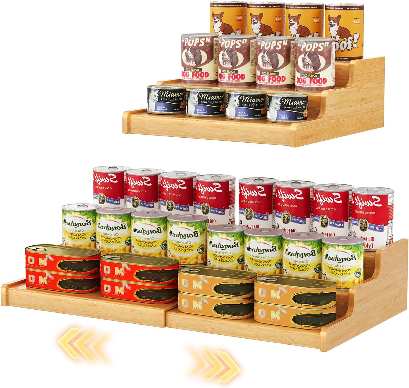 Expandable Bamboo Cat Food Can Storage for Pantry, 3-Tier Adjustable Can Organizer Shelf for Pet & Human Cans, Canned Goods & Food Storage for Cabinets, Holds Up to 24 Cans (Patent Pending)