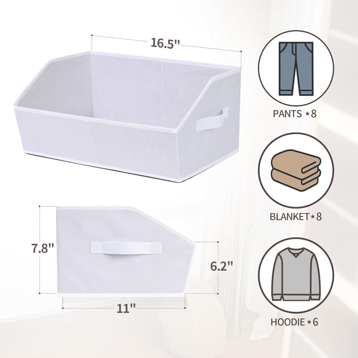 Closet Baskets for Shelves Trapezoid - Decorative Storage Baskets with Handle, Closet Bins for Organization, Shelf Storage Bins for Clothes, Books, Home, Office, 10 Pack, White