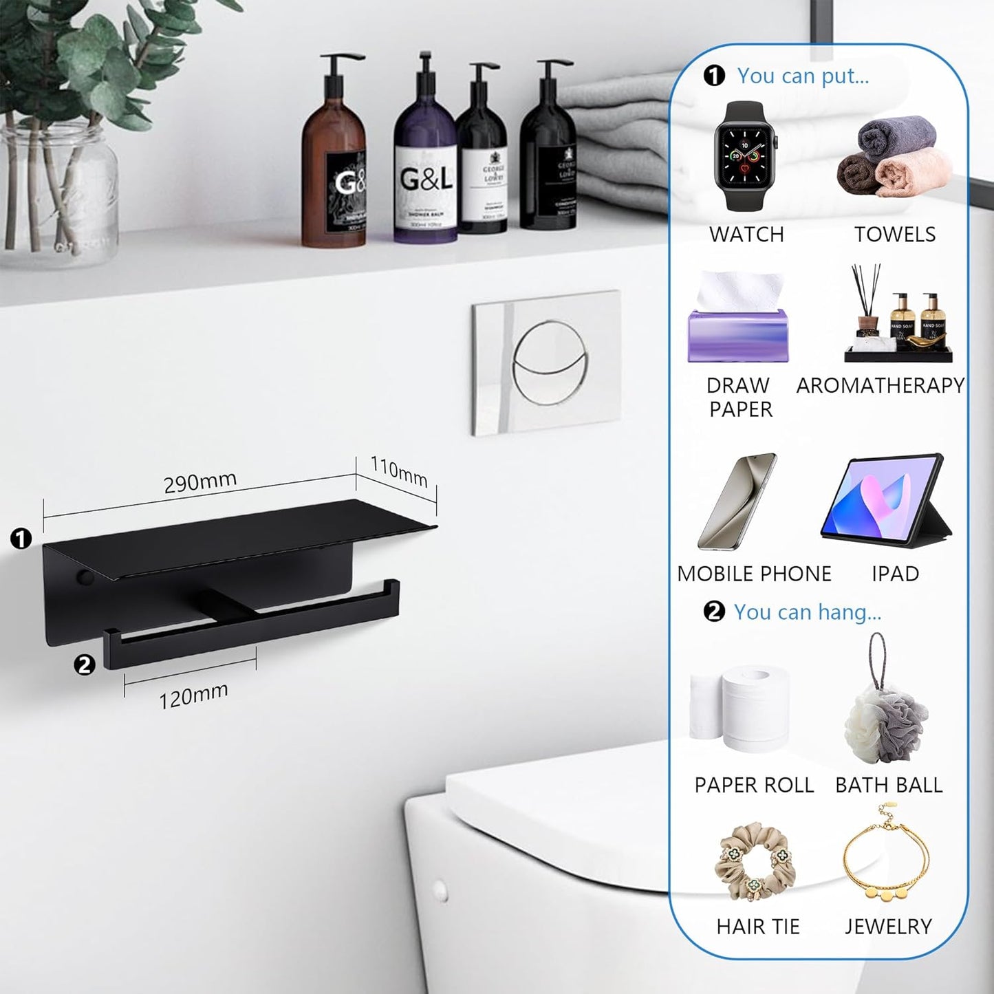 LANC Double Toilet Paper Holder with Shelf, Matte Black Commercial Roll Tissue Dispenser with Phone Shelf for Bathroom Wall Mounted or 3M Self-Adhesive Stainless Steel Storage, A8377MB