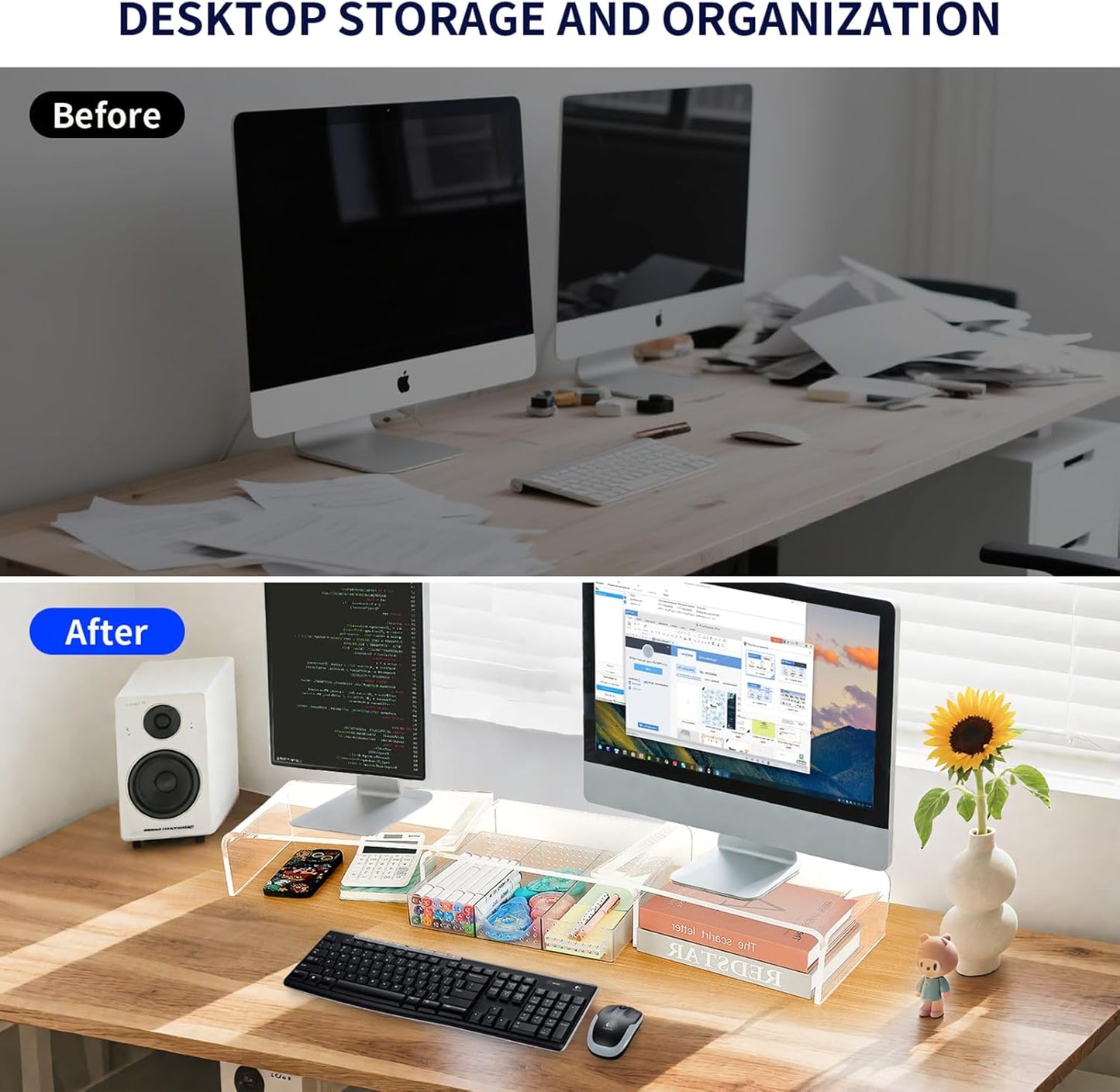 OPNICE Clear Acrylic Desk Organizers and Accessories, Dual Monitor Stand Riser with Drawer, Desk Shelf Computer Racks for Office Workspace Organizers, Desktop Organization