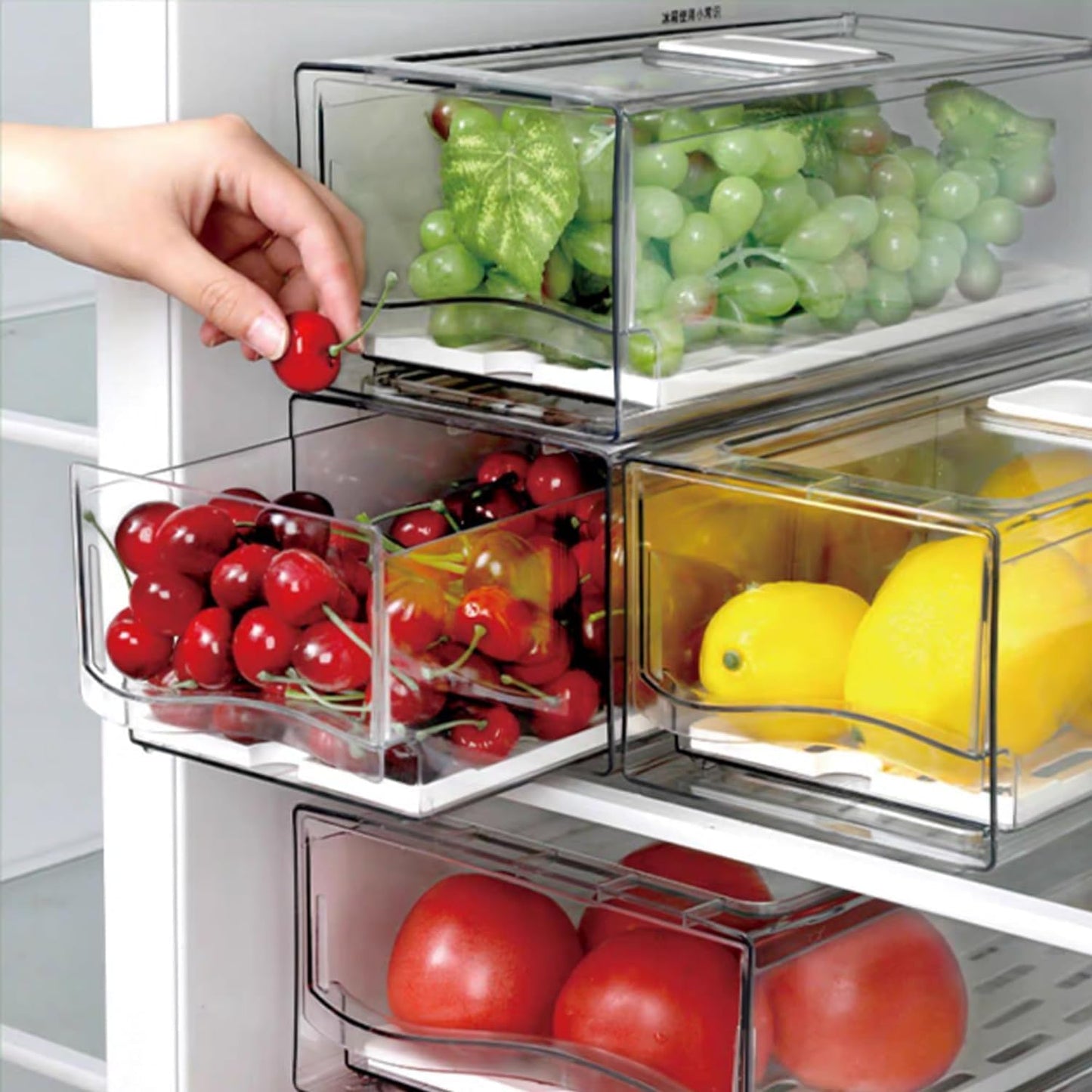 2 Pack Fruit Storage Containers for Fridge with Drain Board, Stackable Refrigerator Organizers and Storage,Reusable Food Storage Containers,Fridge Organizer Drawer for Produce,Fruit,Vegetable,BPA-Free
