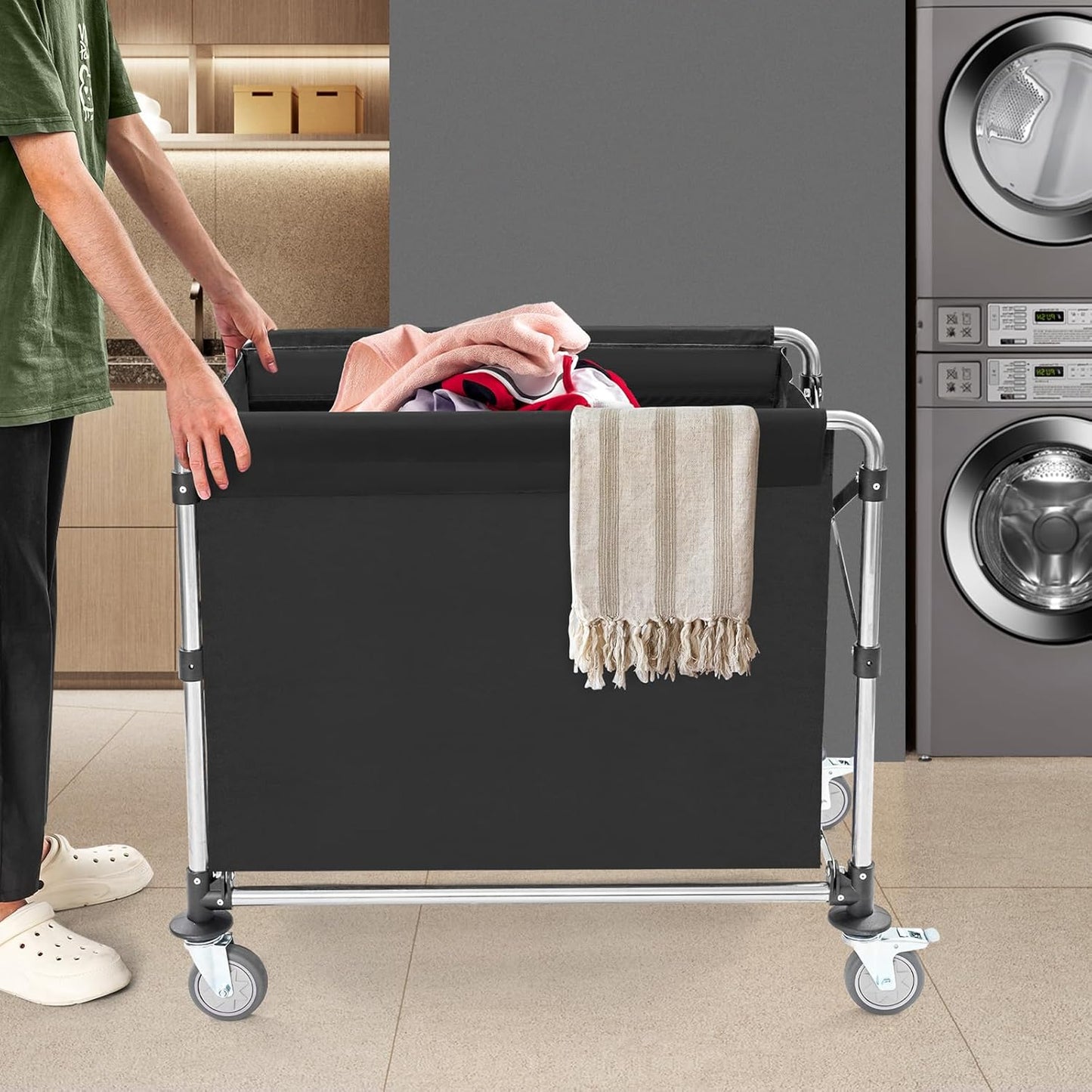 Commercial Laundry Cart with Wheels,Folding Laundry Hamper Cart,Heavy Duty Rolling Basket with Large Capacity,Sorter Trolley for Home Hotel Apartment (Black, 34.25 * 20.47 * 30.7in)