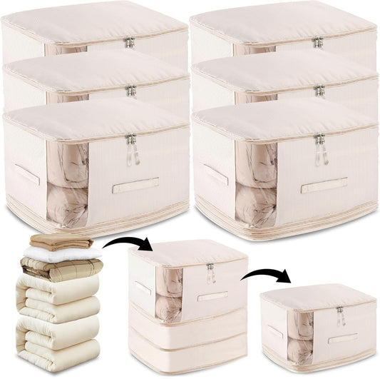 6 Pack Space Saving Comforter Storage Bag with Handle, 3-Layer Compression Blanket Storage Bags Adjustable In 3 Sizes (142L, 107L, 71L), Washable Bedding Organizer For Pillow Duvet Clothing Plush Toy