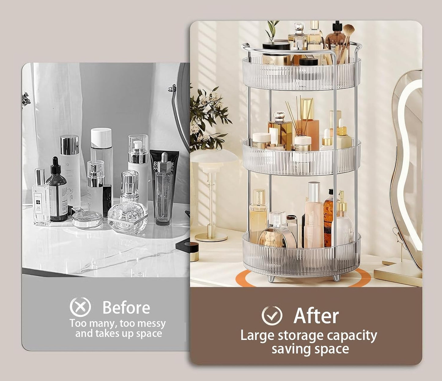 360° Rotating Makeup Organizer for Vanity, Skincare Perfume Organizers and Storage for Bathroom Countertop, Clear Makeup Brush Holder Lazy Susan for Counter (Transparent, 3 Tier)