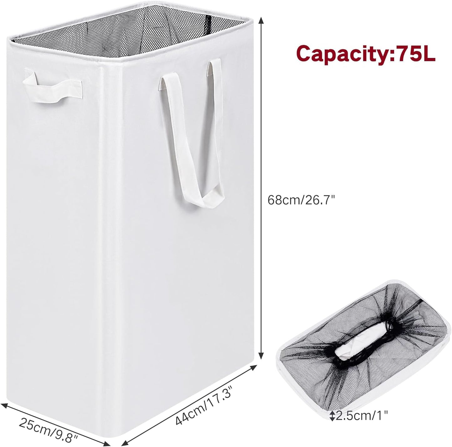 efluky Slim Laundry Basket, Narrow Laundry Hamper with Handles, Collapsible Dirty Clothes Hamper, Tall Laundry Bin for Laundry Room, Dorm and Bedroom, 12.7 Gallons(75L) White