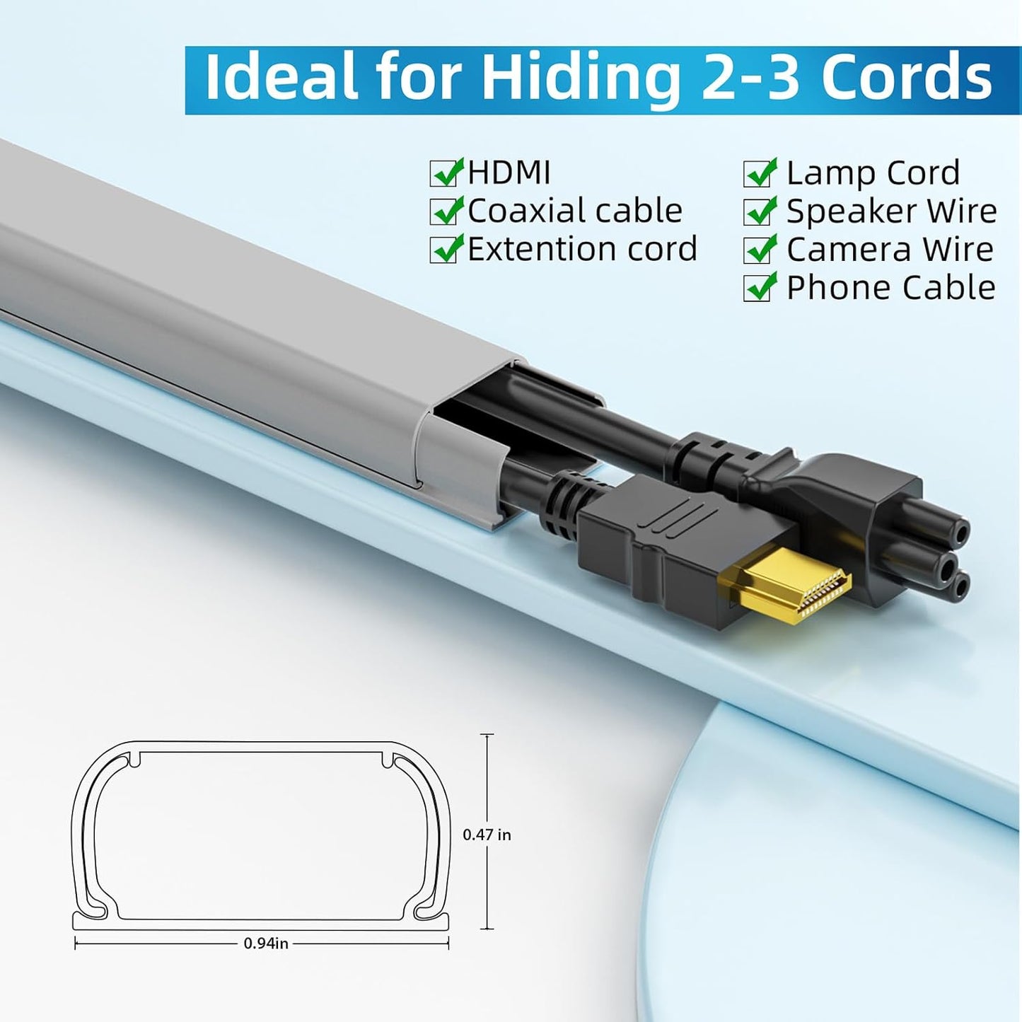 Yecaye 142in Wall Cord Hider for 2-3 Cords, On-Wall Cord Cover Channel, Cable Concealer, Cable Cover Cords Management for Home Office, W0.94in H0.47in, Grey