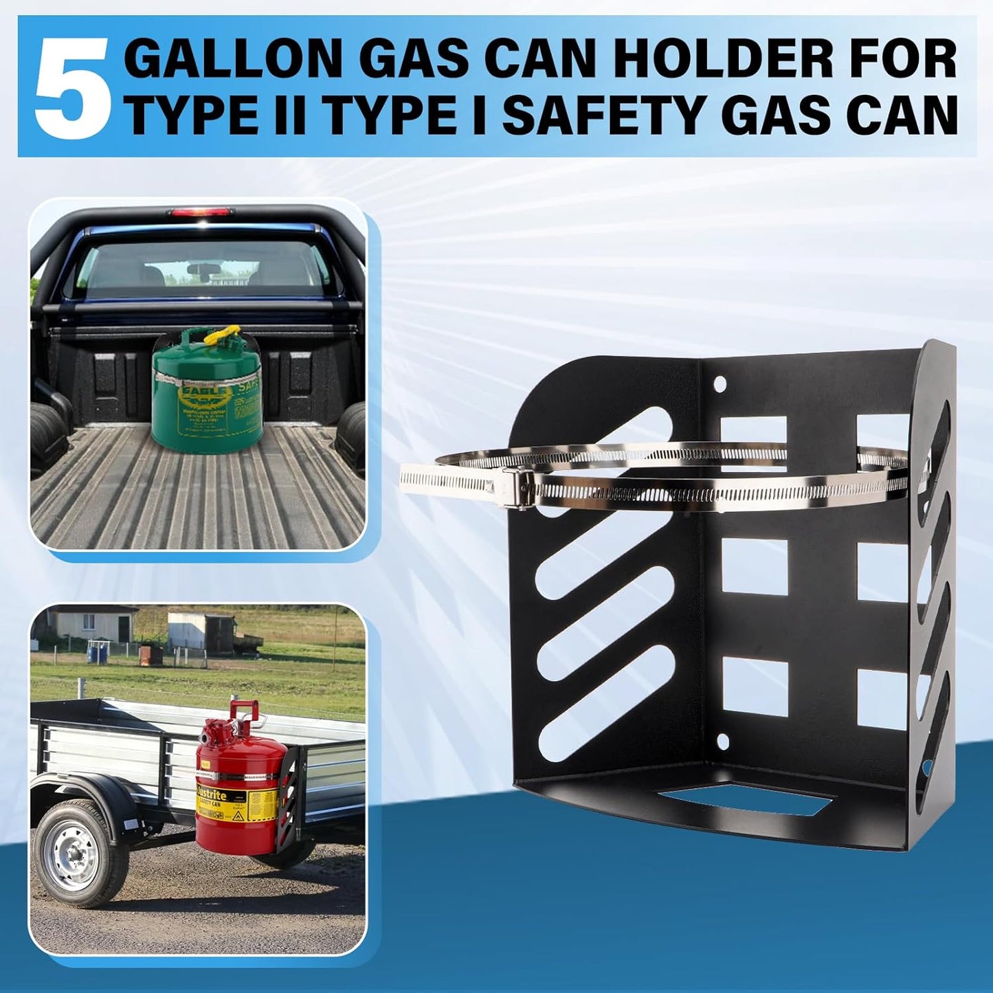 SPARKWHIZ 5 Gallon Gas Can Holder Rack for Type II Type I Safety Gas Can with 2 Stainless Steel Hose Clamp for Trailers, Truck, RV