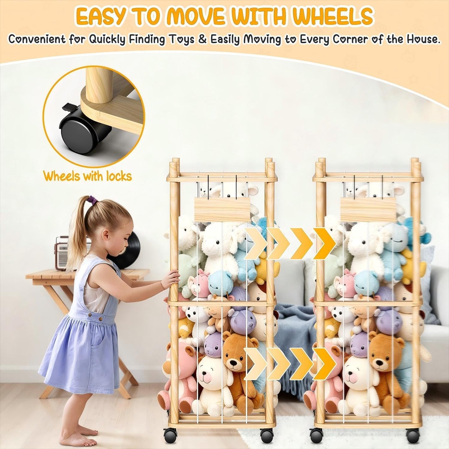 Stuffed Animal Storage & Holder, Natural Pine Wood Plushies Storage with Wheels, Large Capacity Stuffed Animal Zoo with Elastic Cord, Space Save Toy Organizer for Playroom Bedroom & Toddler Room