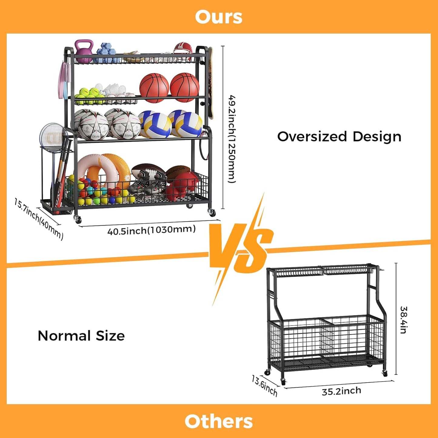 VOPEAK Oversized Sports Equipment Organizer, 4 Layers Rolling Ball Storage Rack for Garage Storage with Wheels Removable Hooks and Baskets Large Capacity Black Ball Holder for Toy Sports Gear Storage