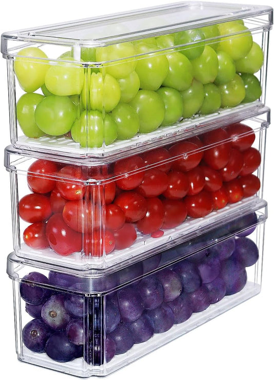 YINGRACE 3 Pack Fridge Organizer Bins, Stackable Refrigerator Organizers and Storage, BPA-Free Clear Produce Containers For Fruit, Vegetable, Drinks, Snacks