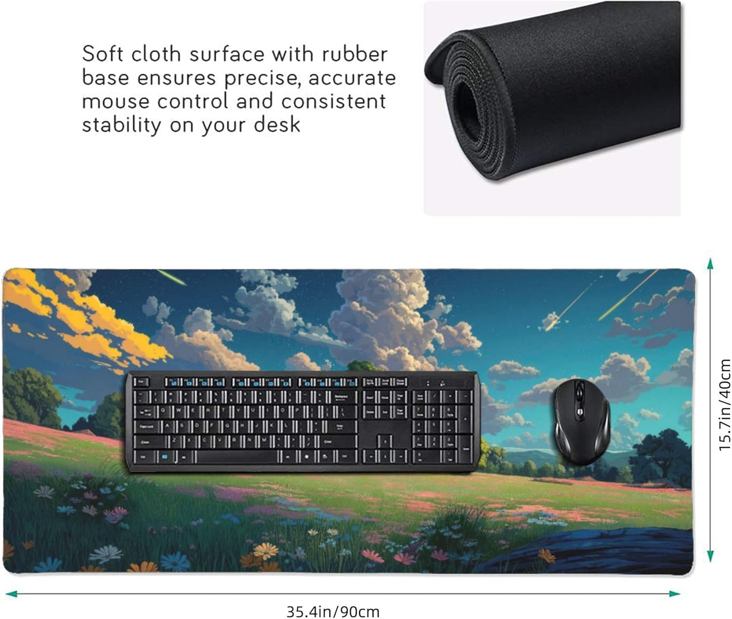 Anime Grass Flowers Blue Sky Large Mouse Pad, Vintage Aesthetic Gaming Desk Mat, XXL Keyboard Desk Pad Mat for Desktop, 35.4"x15.7" Non-Slip Base Big Mousepad with Stitched Edges