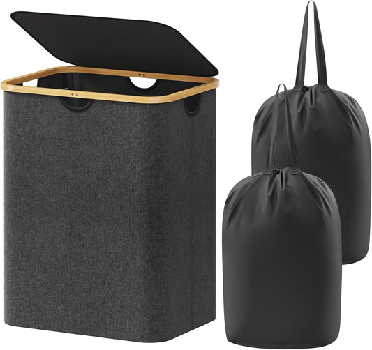 Lifewit 120L Laundry Basket with Lid, Clothes Hampers for Laundry with Bamboo Handles and A Removable Laundry Bag, Large Foldable Hamper for Bedroom, Bathroom, Dorm, Laundry Room, Dark Gray