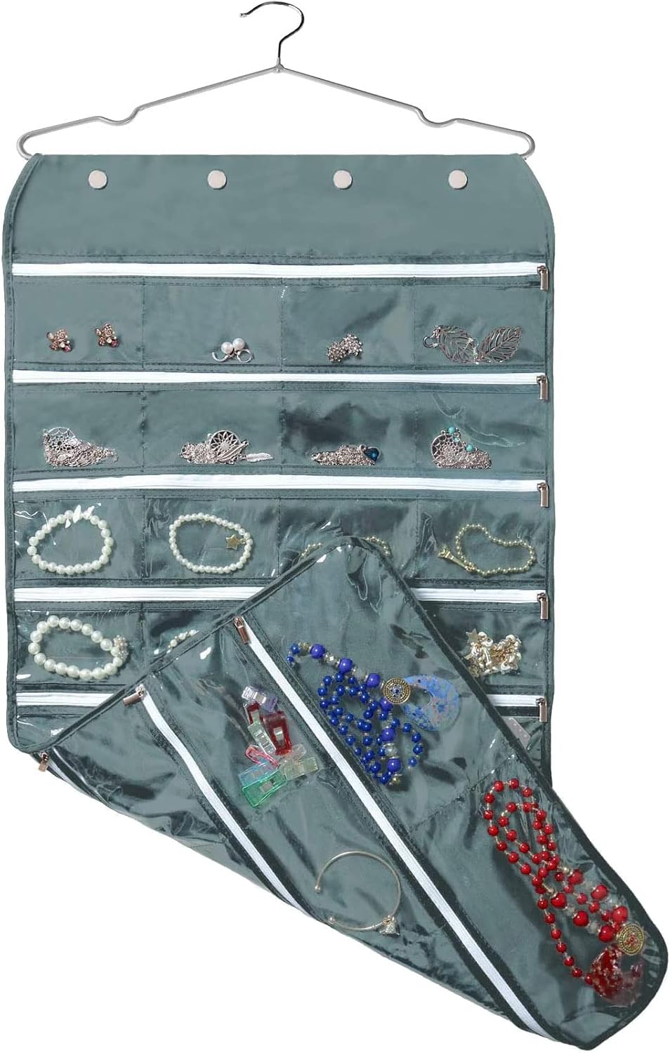 BB Brotrade Hanging Jewelry Organizer,Accessories Organizer,56 Zipper Pocket Organizer for Holding Jewelries (Grey-Zipper)