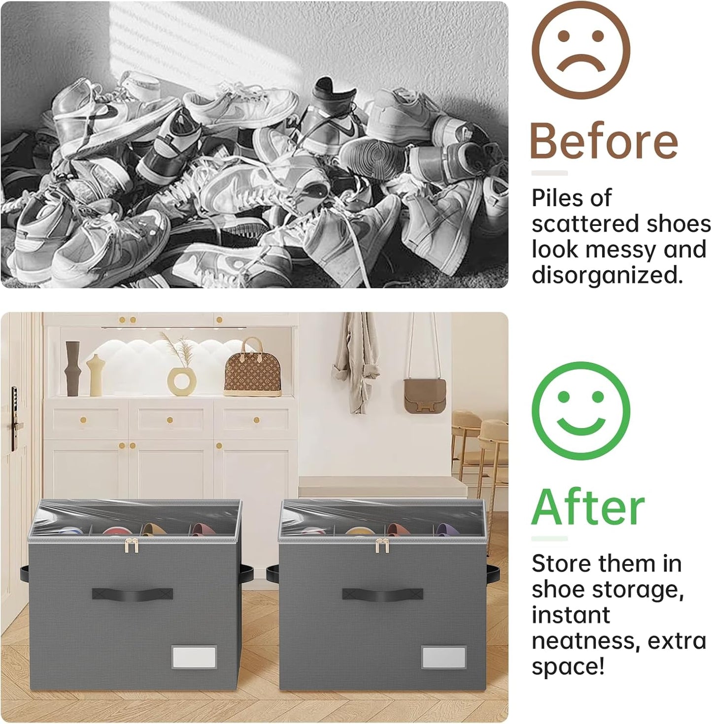 Shoe Organizer for Closet, Foldable Shoe Storage Containers, Fits up to 16 Pairs, Large Shoe Storage Organizer Box Cubby Baskets Bins with Clear Cover and Reinforced Handles, Gray