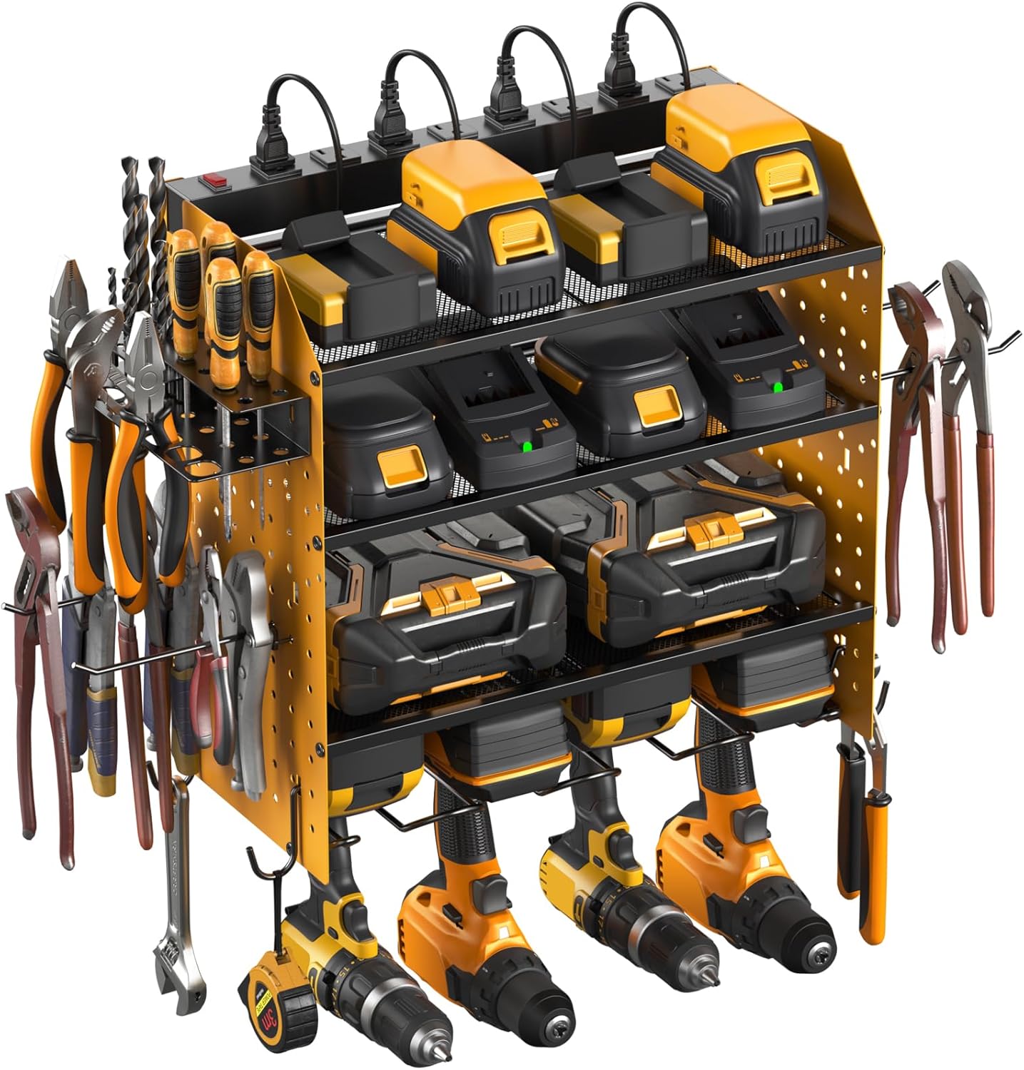 CCCEI Modular Pegboard Rack Power Tool Organizer with Charging Station. 4 Layer Wall Mount Drill Holder, Yellow Tool Battery Charger Organizer. Garage Shop Storage Utility Shelf with Power Strip.