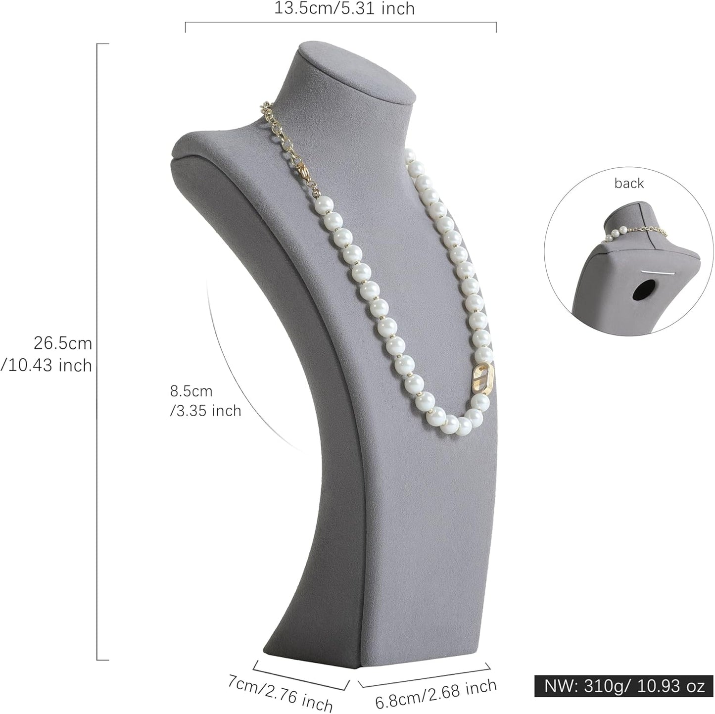 GemeShou Grey necklace storage organizer for sale, Velvet necklace holder stand, jewelry bust display stands, Jewelry Mannequin for Countertop, Showcase【Grey-Medium height 10.43 inch】