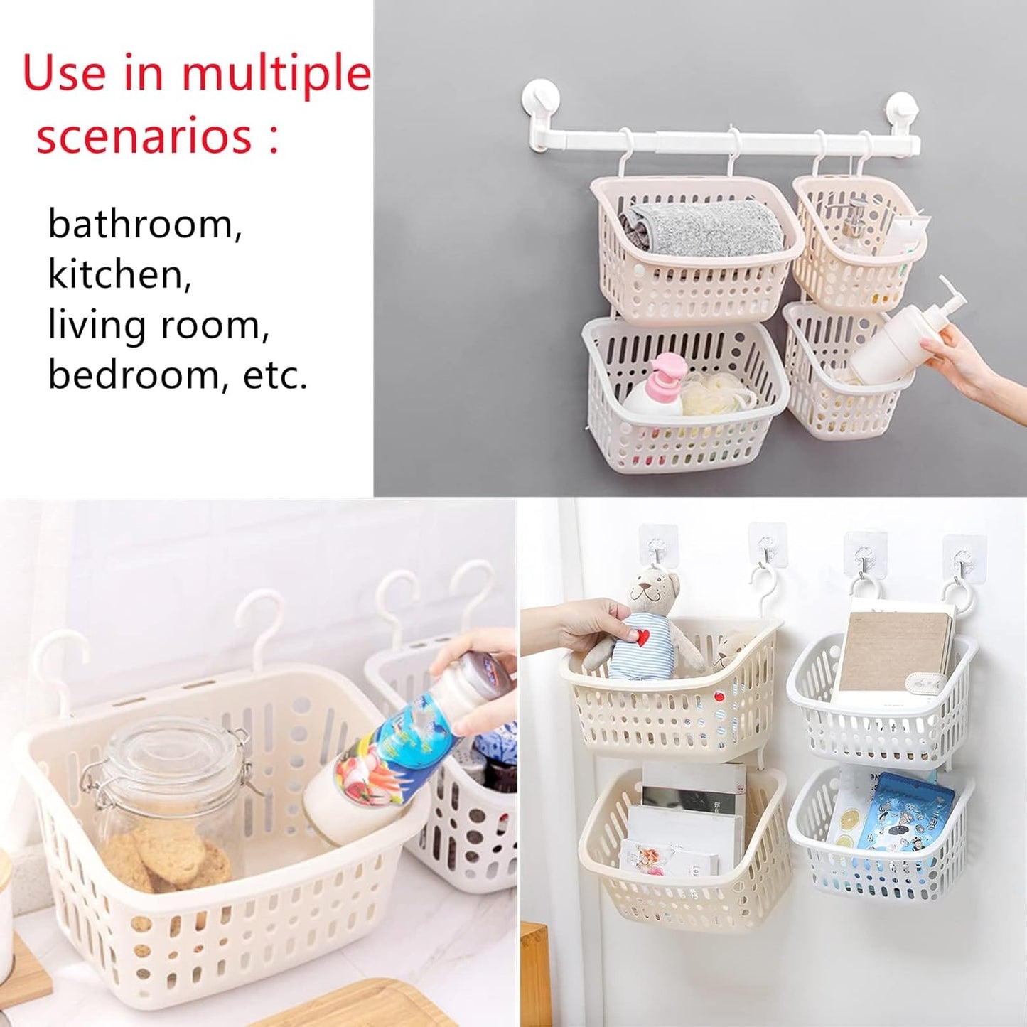 3PCS Plastic Hanging Baskets for Shower, Hanging Basket Organizer with Hooks, Rectangle 8.5Inches Small Hanging Storage Basket (Beige)
