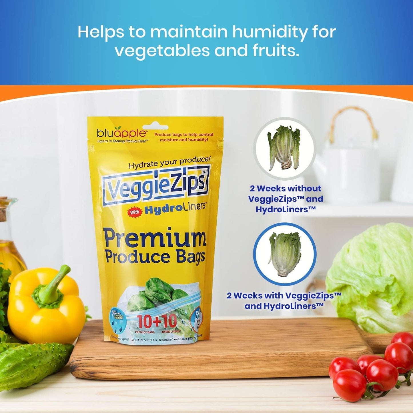 Bluapple VeggieZips Premium Produce Storage System - 40 Piece Set, 20 Food Saver Bags + 20 HydroLiners, Keep Produce Fresh Longer, Washable & Reusable Bags with Humidity Control for Fruit & Vegetables