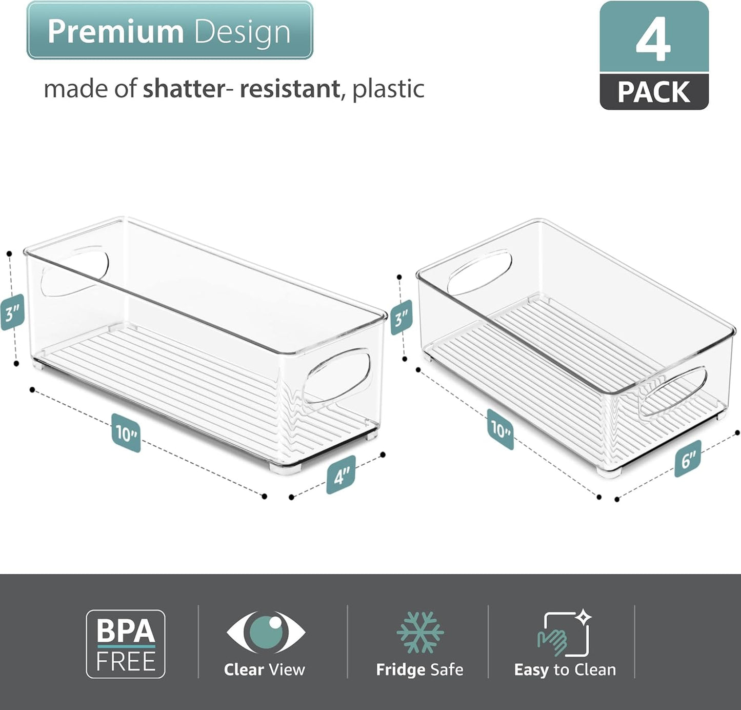 Sorbus Stackable Refrigerator Organizer Bins - Set of 4 Clear Storage Bins for Kitchen Pantry, Freezer & Fridge Organization - Food Organizing Plastic Containers with Handles for Countertops & Drawers