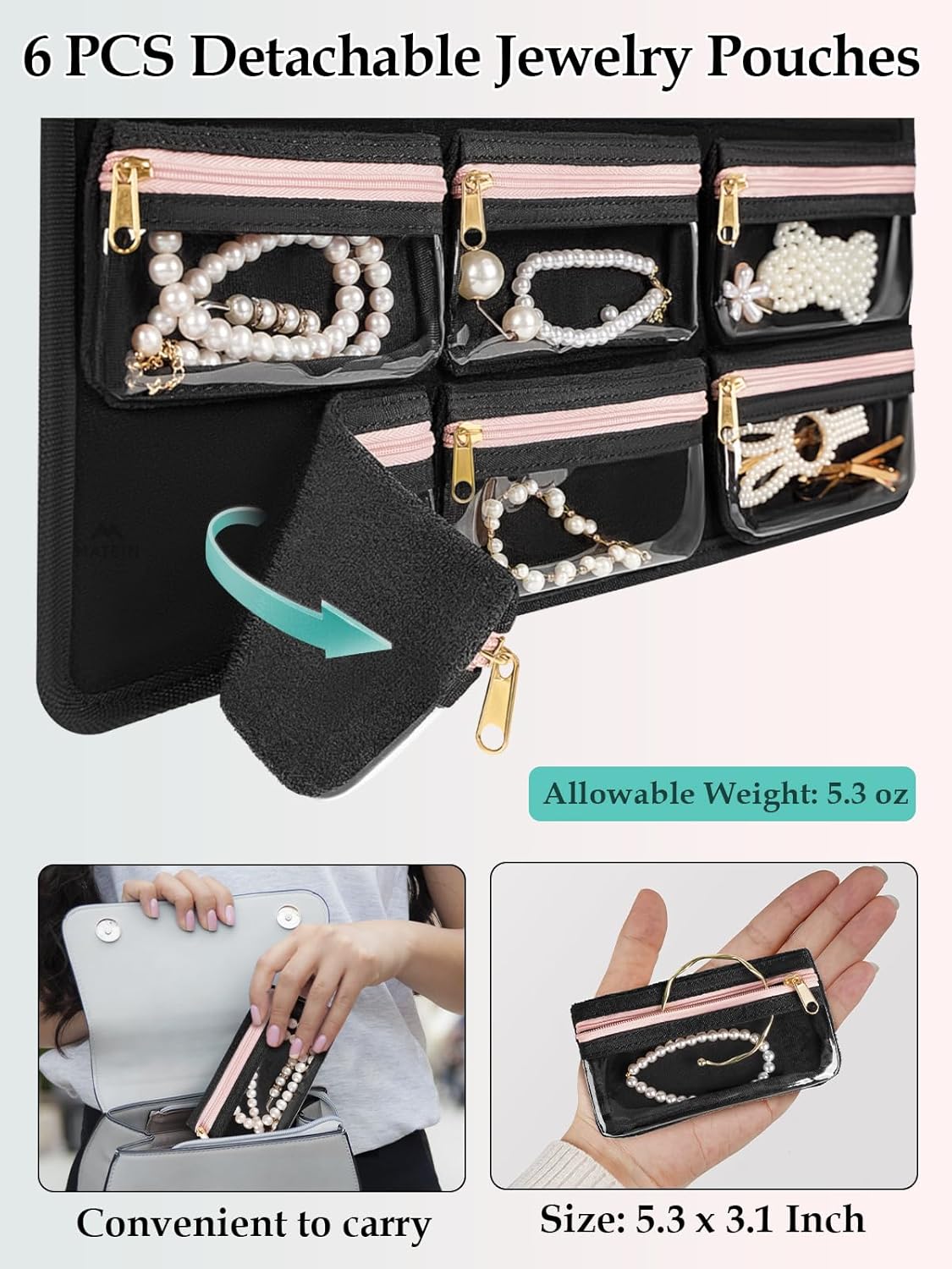 MATEIN Hanging Jewelry Organizer with Removable Travel Jewelry Pouch, Tangle Free Necklace Hanger Wall Mount with Metal Hook, Large Earring Storage Holder for Bracelet Ring Display, Gifts for Her