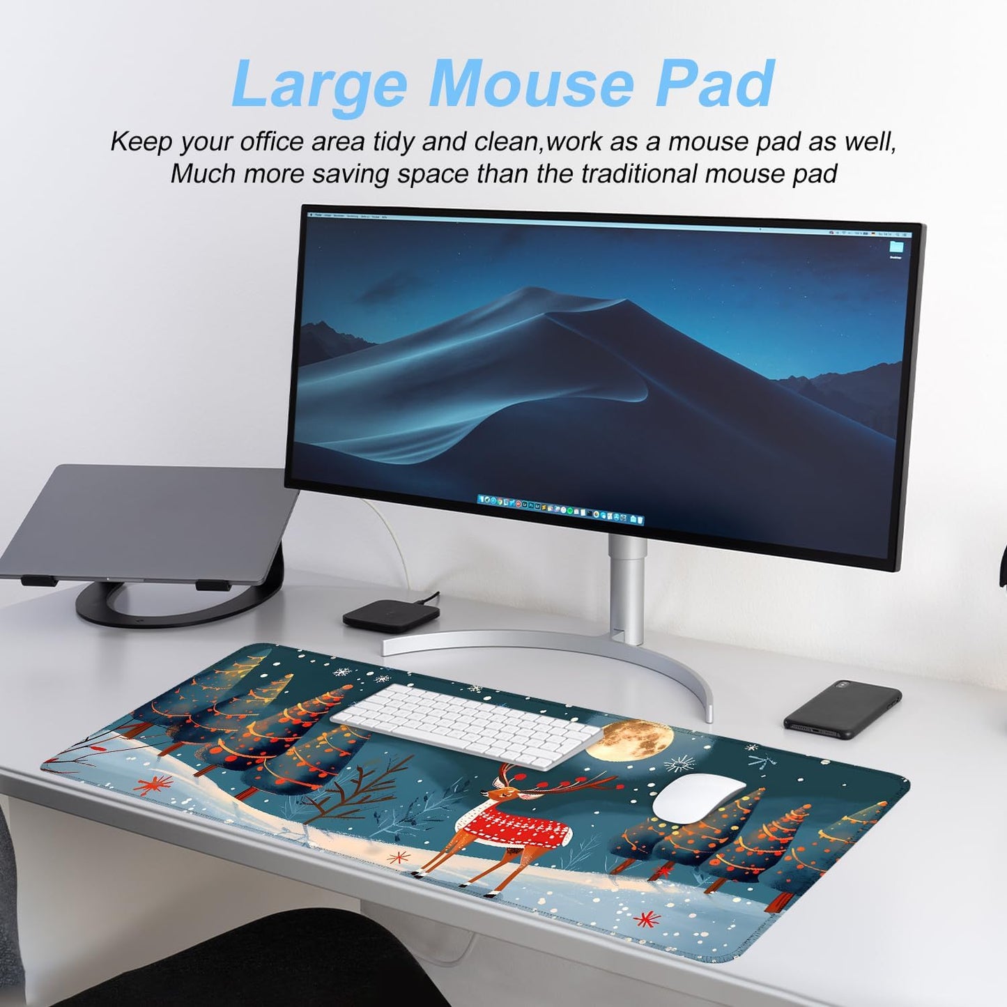 Christmas Reindeer Mouse Pad– Large Extended Desk Mat with Holiday Winter Snow Scene, Non-Slip Base Keyboard Pad for Home Office, Gaming, Workstation,31.5 x 11.8 in