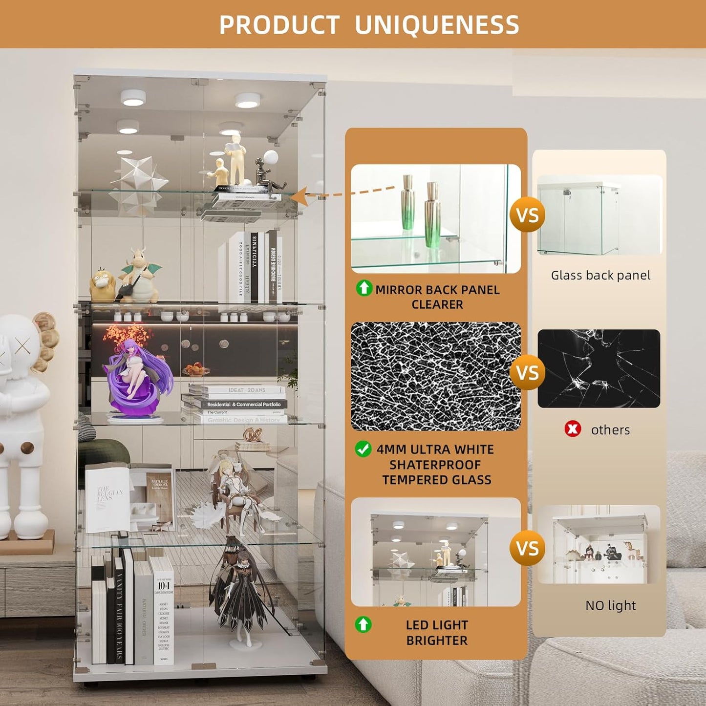 Beauty4U Glass Display Cabinet with LED Lights and Mirror, 5 Shelves with 2 Doors, Curio Cabinets for Living Room, Bedroom, Office, White Floor Standing Glass Bookshelf, Quick Installation