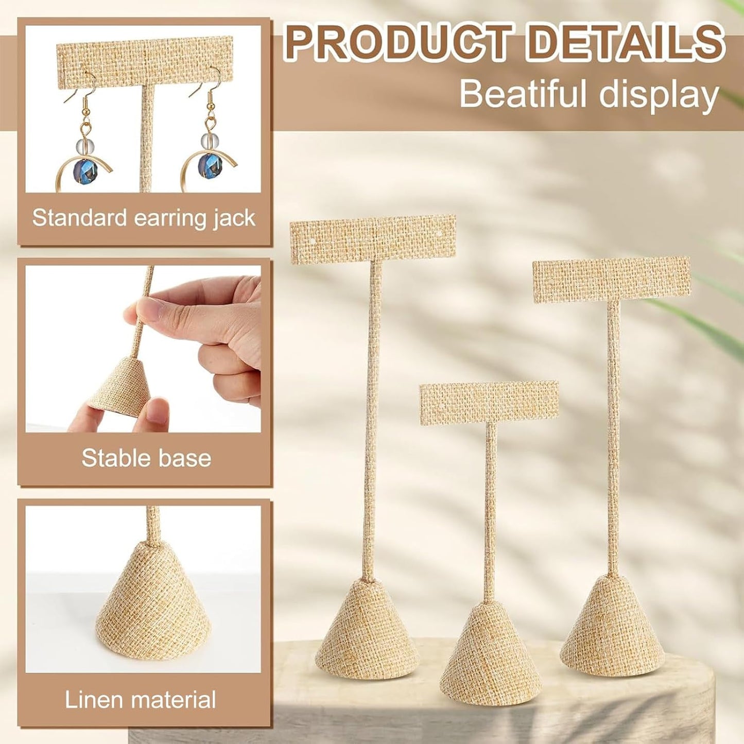 Marsui 18 Pcs Earring Display Set Earring T Bar Display Earring Holders with 3 Heights Earrings Display Stand for Jewelry (Linen Color)