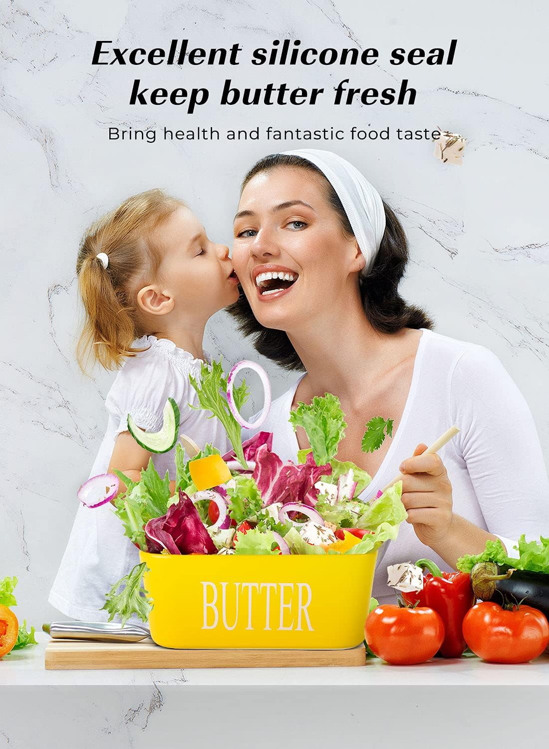 Large Butter Dish With Lid - Ceramic Container for Countertop, Holder With Knife and Sponge Scrubber, Perfect for 2 Sticks, Yellow