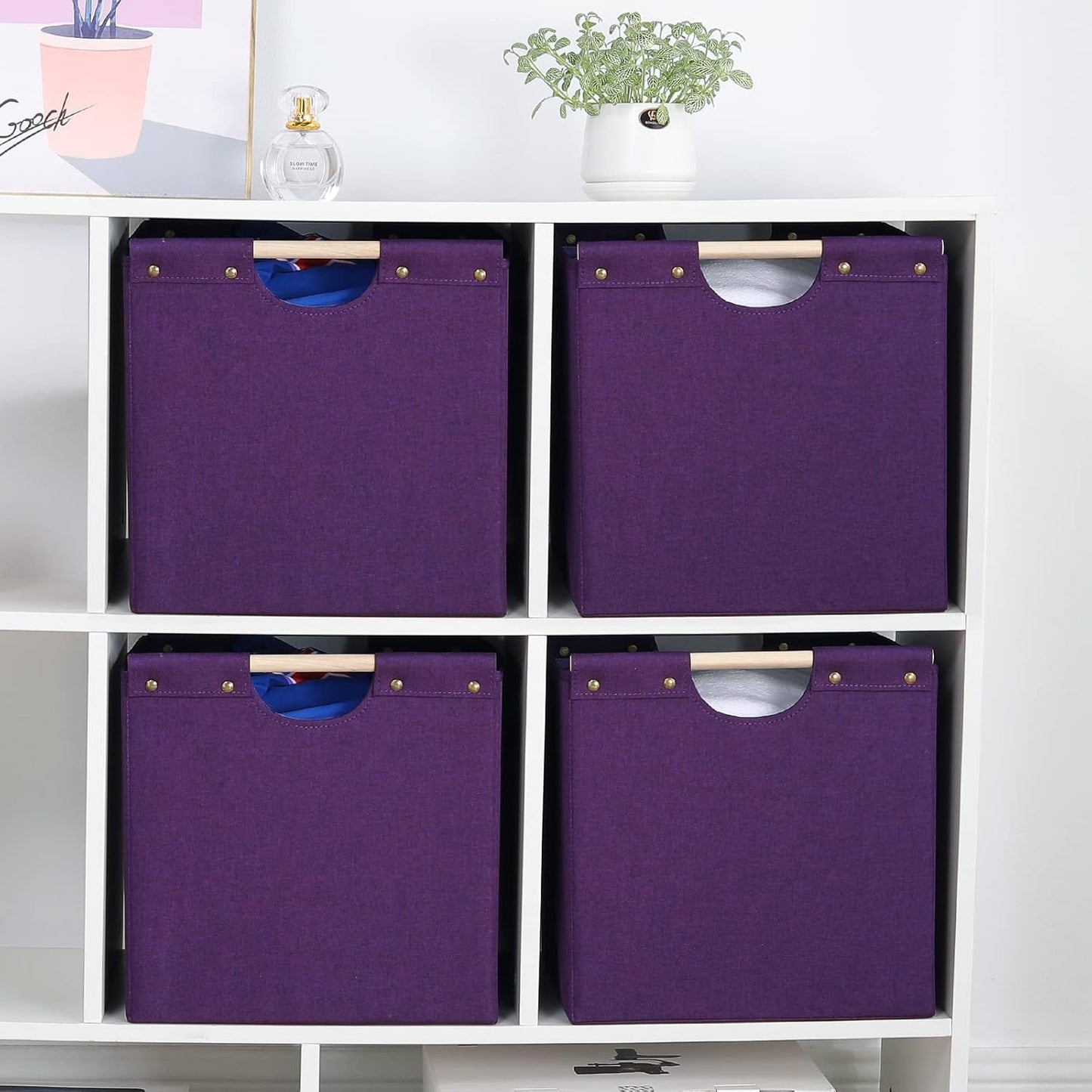 HOONEX Large Collapsible Storage Bins, Linen Fabric, Pack of 2, Storage Baskets with Wooden Carry Handles and Sturdy Heavy Cardboard, for Home, Office, Car, Nursery, Dark Purple