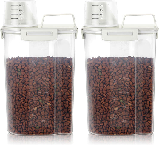 3-5Lbs Airtight Small Cat Dog Pet Food Storage Containers BPA Free, with Large Pour Spout/1 Measuring Cup/ 4 Safety Locks and Double-layer Silicone Strip (Off White 2Pack)