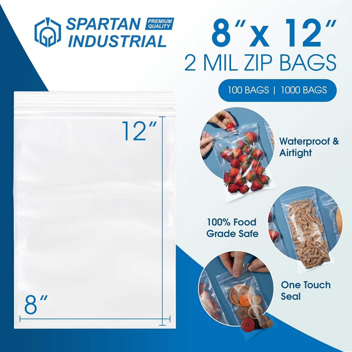 Spartan Industrial - 8” X 12” (1000 Count) 2 Mil Clear Reclosable Zip Plastic Poly Bags with Resealable Lock Seal Zipper
