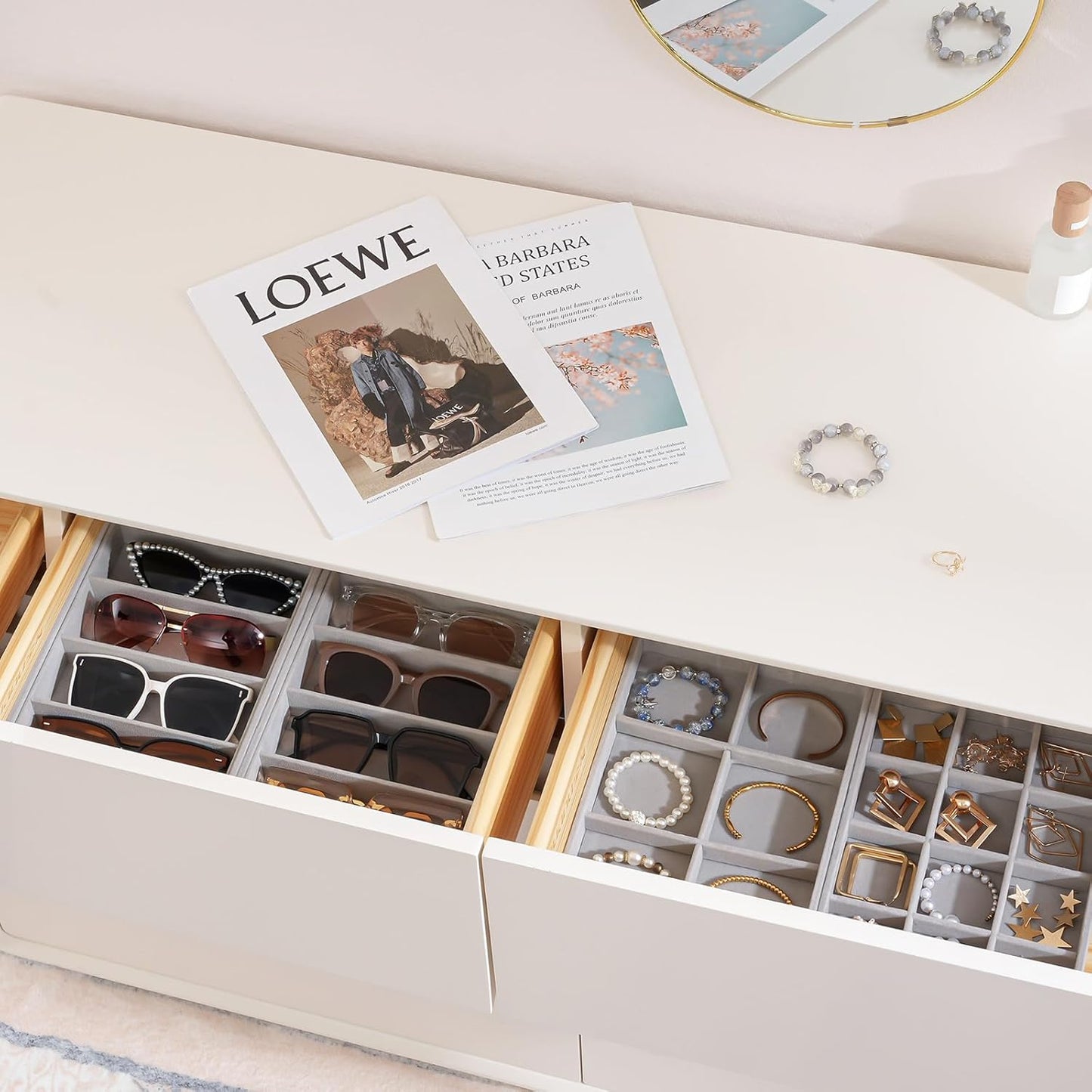 ProCase Stackable Jewelry Organizer Trays for Drawers, Jewelry Drawer Inserts Container Display Case Storage for Earring Necklace Ring Bracelet Sunglasses Glass -Grey, 4 Layers