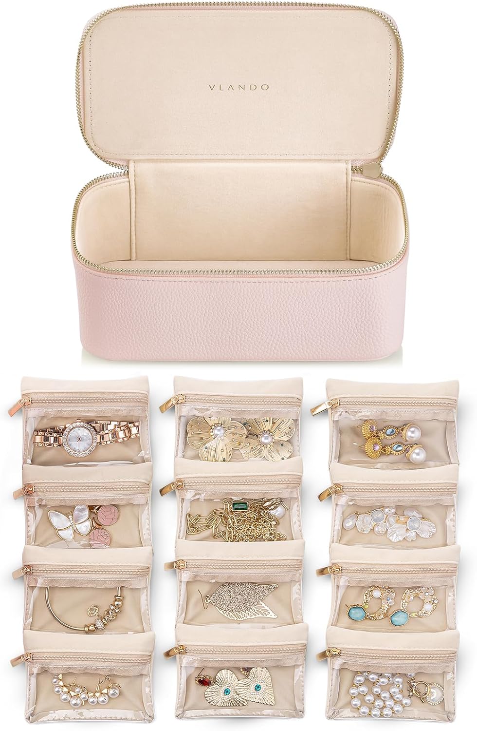 Vlando Teacher Gifts for Women,Jewelry Box with 12 Velvet Jewelry Bags Travel Jewelry Case for Girls Jewelry Organizer for Travelers Birthday Gift Ideas for Women (Pink)