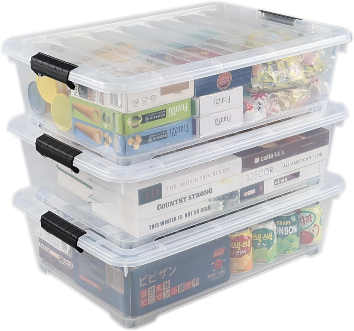 Zopnny 25 Quart Plastic Under Bed Storage Organizer Bin Container with Secure Lids and Durable Buckles, Clear, 3 Pack
