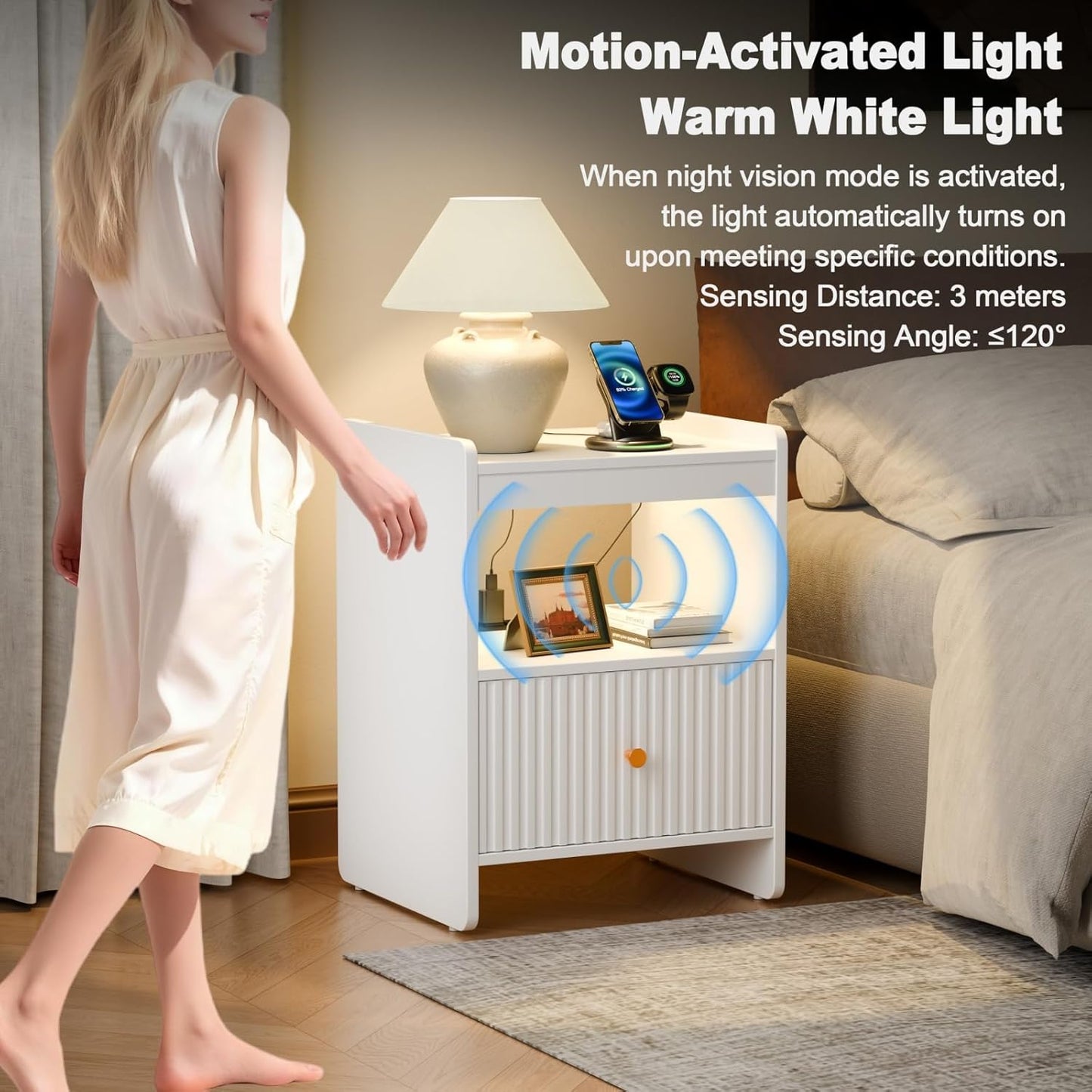 HIFYOBRO 21.6" Tall Fluted Nightstand Set, End Table with Charging Station and LED Light, Modern End Side Table with Drawer (White)
