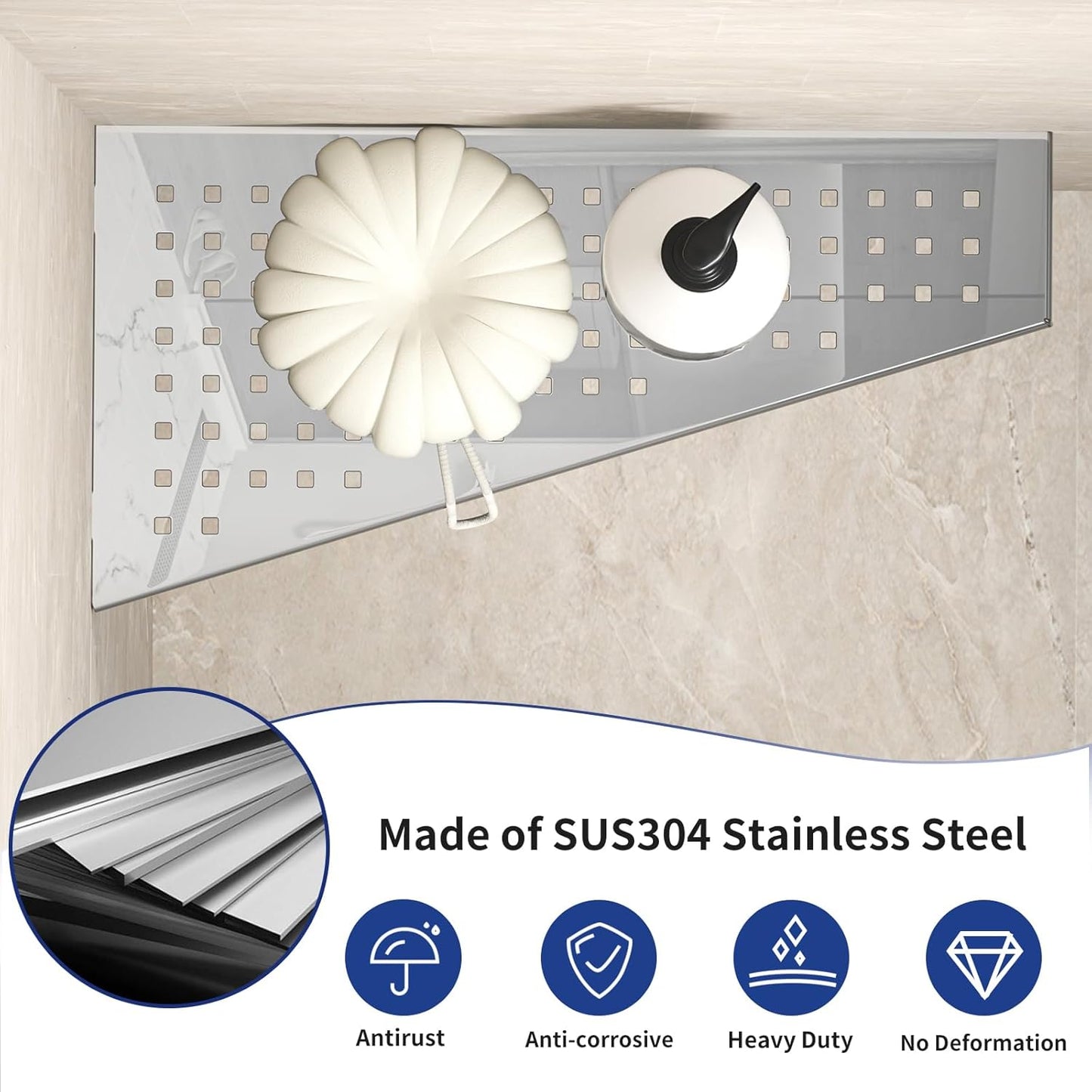 Corner Shower Shelf 12" Polished 304 Stainless Steel Recessed Trapezoid Grout in Shelves with Grid Design Bathroom Shelf Racks for Tiled Wall, 2 Pack