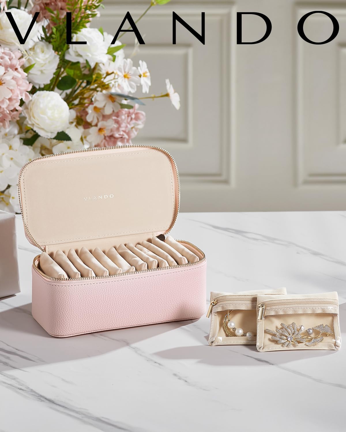 Vlando Teacher Gifts for Women,Jewelry Box with 12 Velvet Jewelry Bags Travel Jewelry Case for Girls Jewelry Organizer for Travelers Birthday Gift Ideas for Women (Pink)