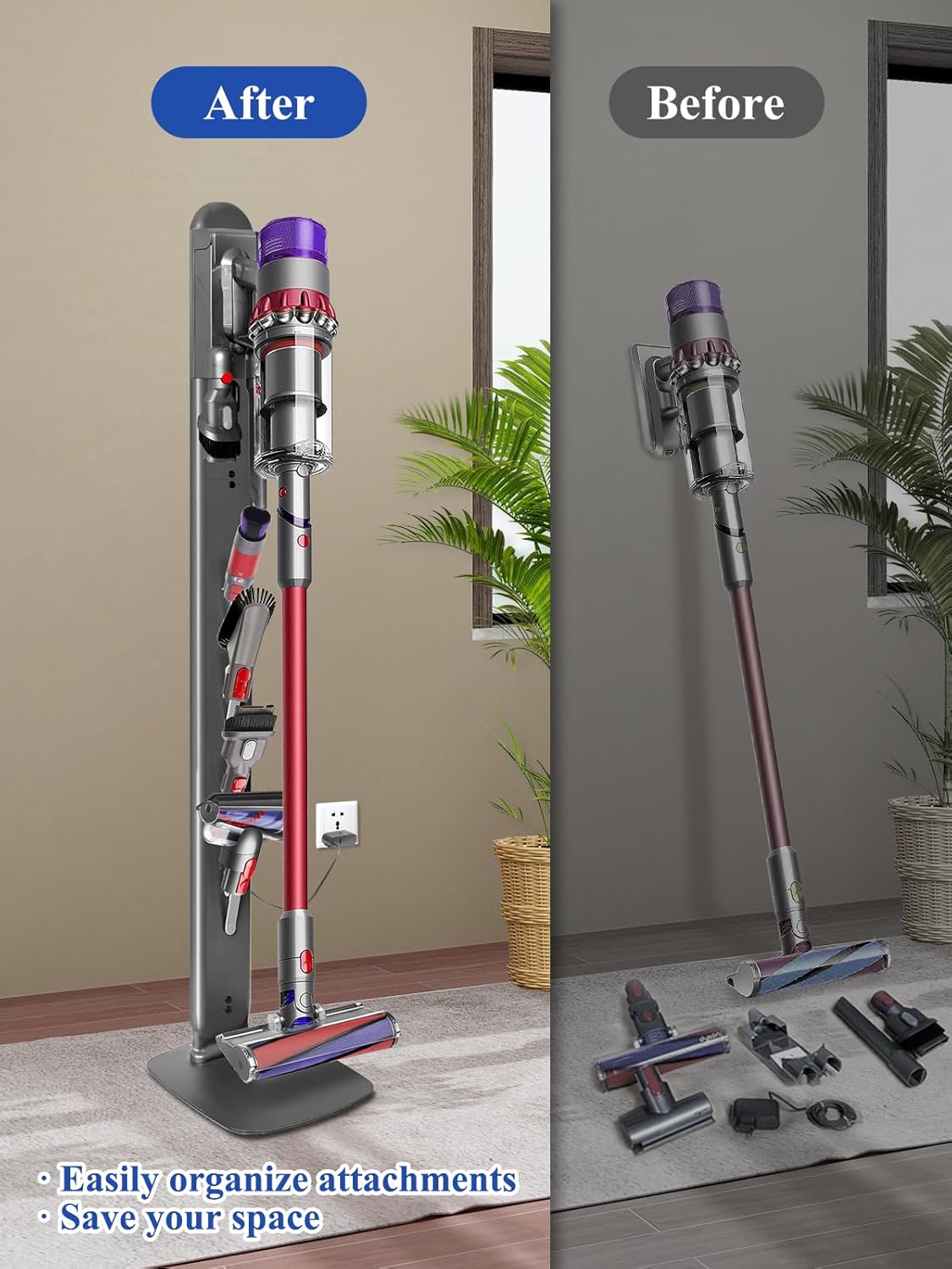 Sturdy Metal Vacuum Stand Compatible with Dyson Gen5 V15 V12 V11 V10 V8 V7 V6, Freestanding Bracket Standing Holder with Hidden Cable Design, Space-Saving Storage Rack for Cordless Vacuums