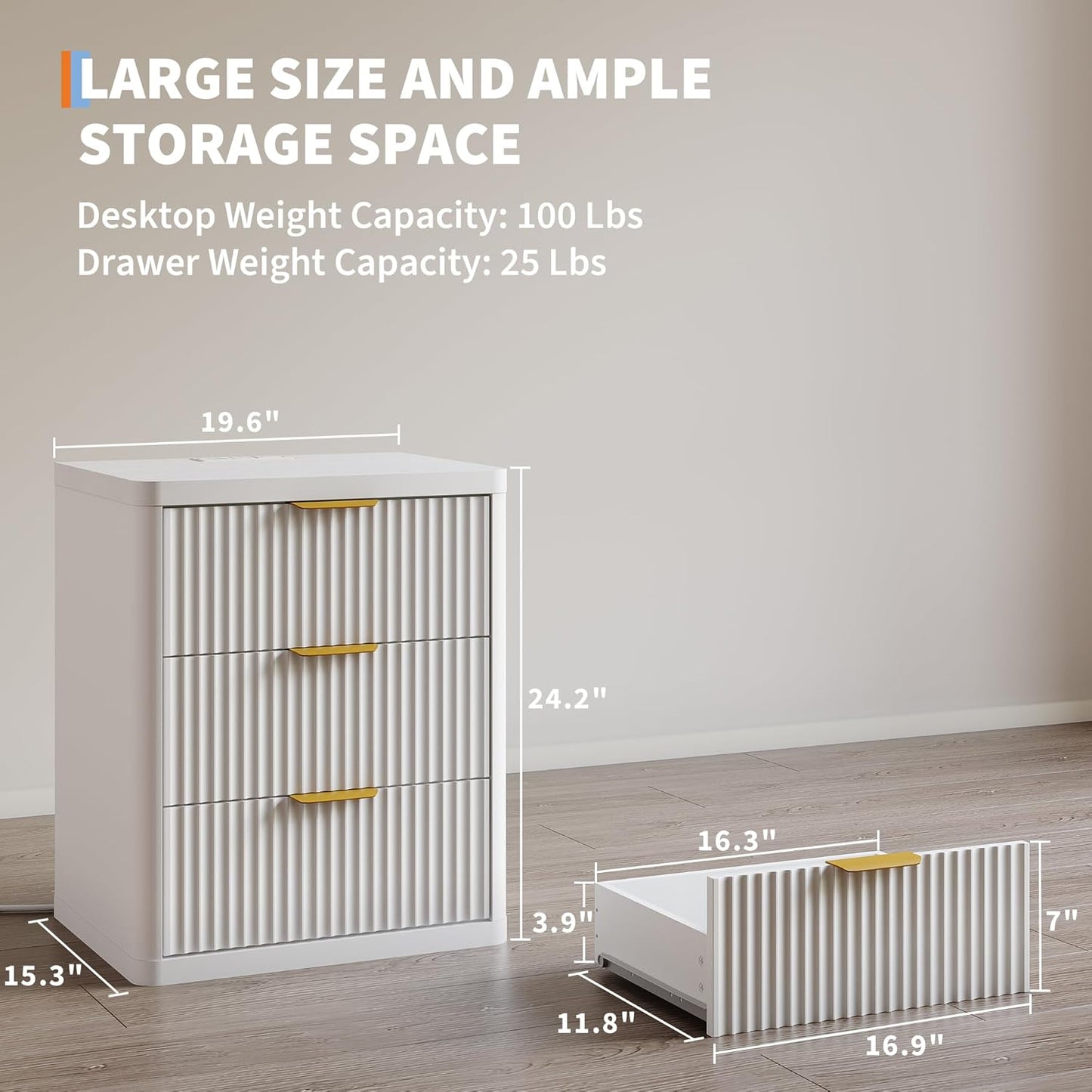 Fluted Nightstand with Charging Station, Bedside Table with 3 Drawers Storage Space, Metal Handles and Rounded Corners for Safety, Mid Century Modern End Table, Side Table for Bedroom, Living Room