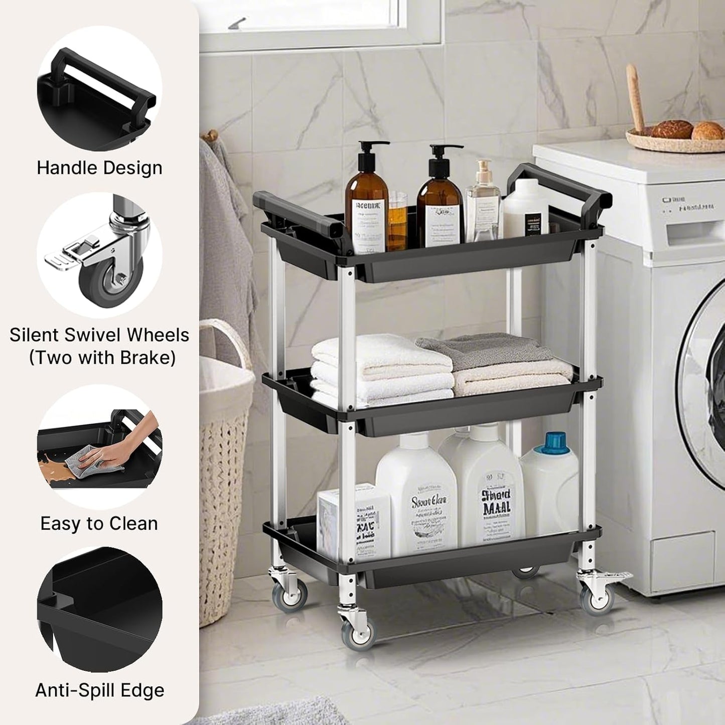3 Tier Rolling Cart,Plastic Utility Cart with Handle,Rolling Carts with Wheels,Utility Cart with Lockable Casters, Multi-Functional Organizer Cart for Bedroom, Living Room, Kitchen,Office(Black)
