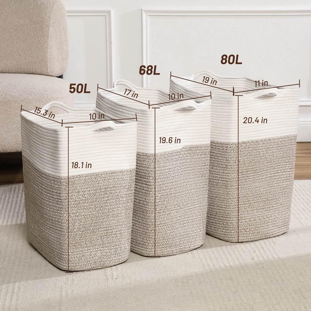 Tall Laundry Basket With Handles,Woven Cotton Rope Big Laundry Hamper Sorters,Versatile Storage for Dirty Clothes,Baby Toys,and Blankets in Bathroom, Nursery,and Living Room (White Brown, 80L)