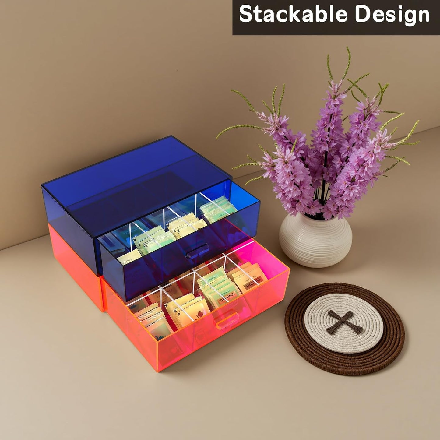 Acrylic Tea Bag Organizer and Storage Box Stackable Tea Bag Holder with Drawer for Countertop, Neon Pink
