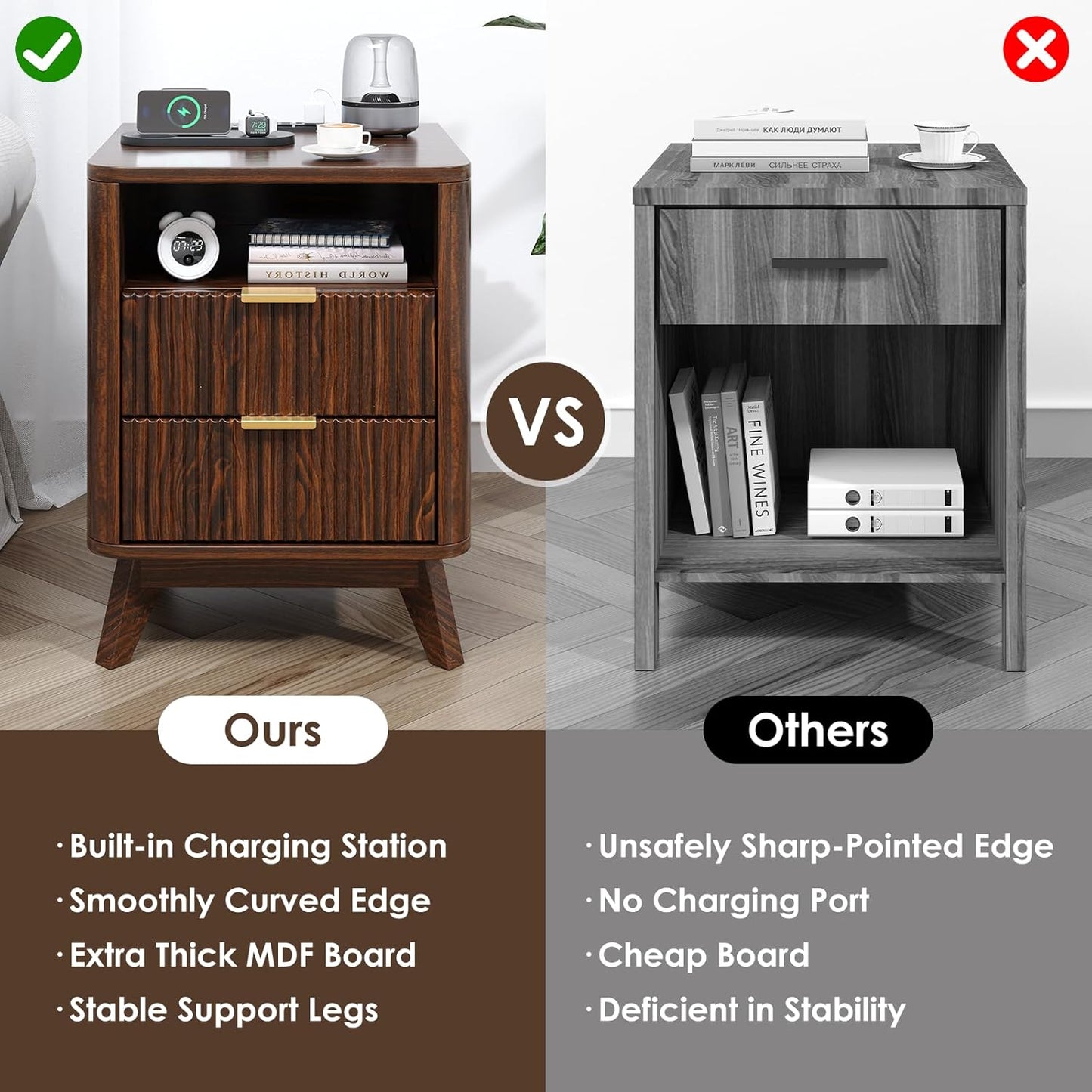 Nightstand with Charging Station, Fluted Nightstand with LED Lights, Modern Rustic Side Table with 2 Storage Drawers, Wooden End Table for Bedroom, Walnut
