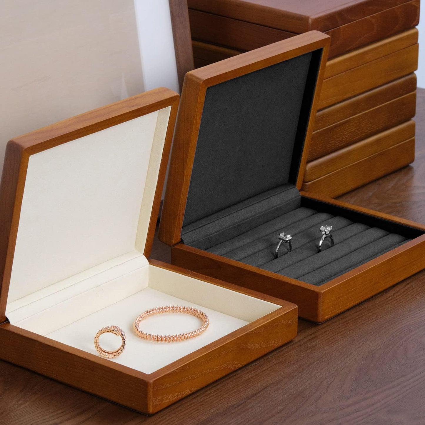 Oirlv Solid Wood Ring Jewelry Box Organizer Earrings Jewelry Drawer Organizer Tray with Lid (Creamy-white Flat Box)