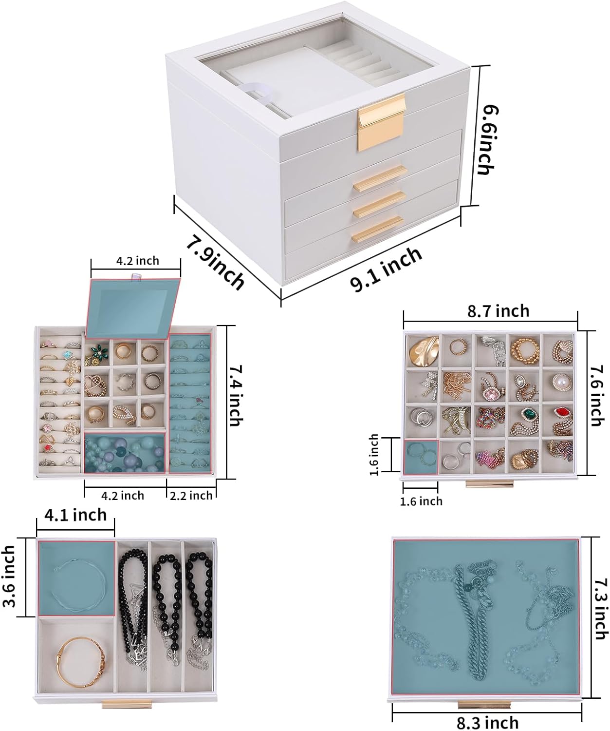 BOOVO Clear Lid Jewelry Box,4 Layers Jewelry Organizer Large Jewelry Storage Box with 3 Drawers,Jewelry Holder Organzier of Rings Earrings Necklace Bracelets for Women (White, 4 Layer)