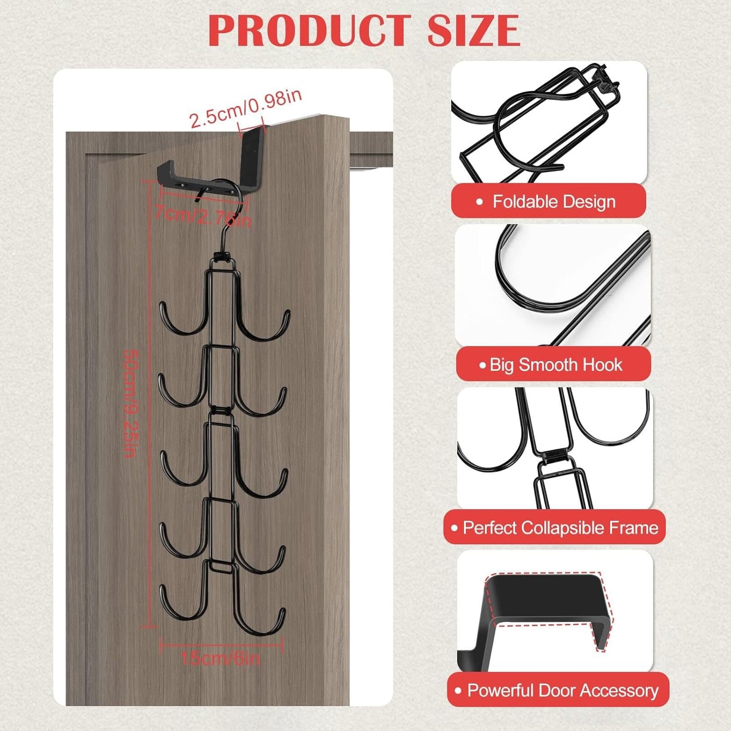 Hat Rack for Door, Collapsible Over The Door Hat Organizer with 10 Large Hooks, Holds 40 Baseball Caps, Rotatable Metal Space Saving Caps Hanger for Display and Storage, Black