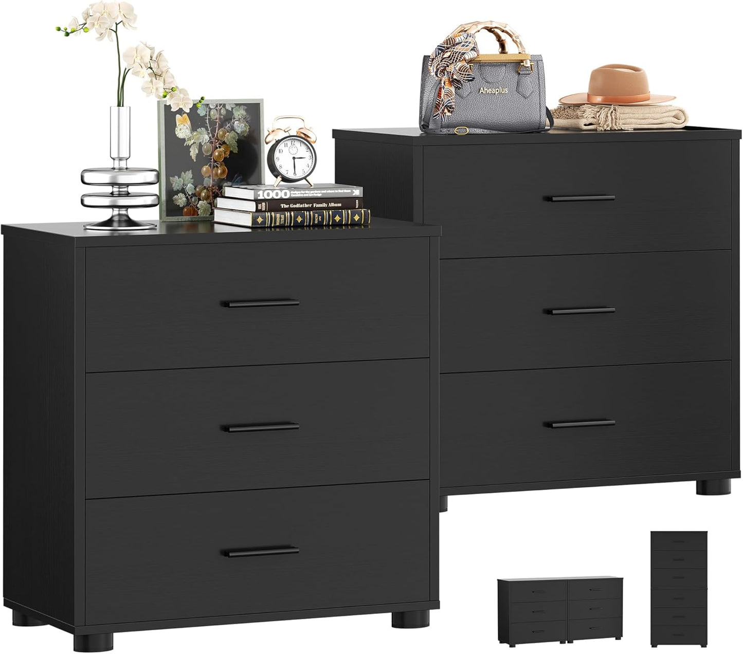 Aheaplus Closet Drawers Set of 2, Wood Closet Organizers and Storage with 3 Drawers, Closet Drawers Organizer System, Nightstands Bedside End Table with 3 Drawers Storage for Bedroom, Black