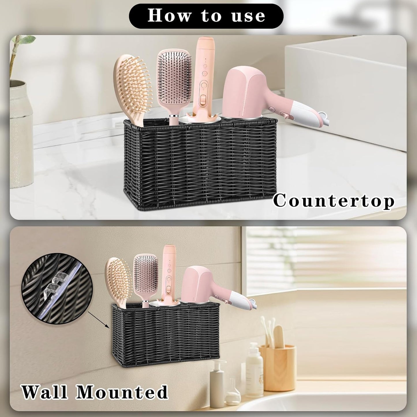 Hair Tool Organizer,Wall Mount Curling Iron Holder,Waterproof Wicker Hot Tools Organizer for Hair Dryer,Flat Irons,Curling Wands,Straighteners Storage,in Cabinet,Bathroom,Vanity (Black)